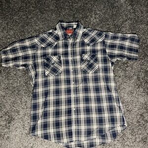 Plains Westernwear Shirt Men Large Blue Plaid Western Pearl Snap Rodeo Poly Blen